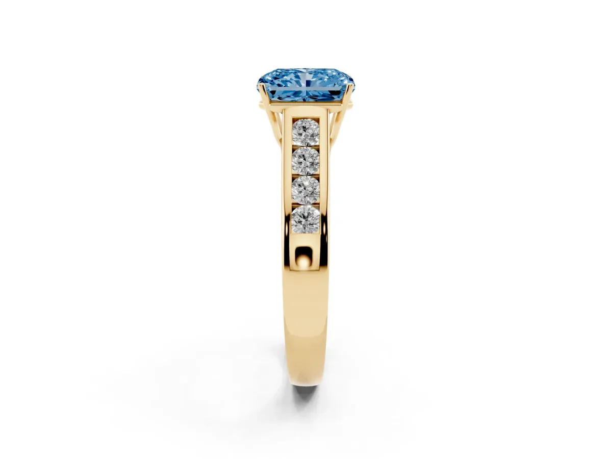Fancy Blue Radiant Cut Brilliant Channel-Set Solitaire Ring with Four-Prong Setting Yellow gold