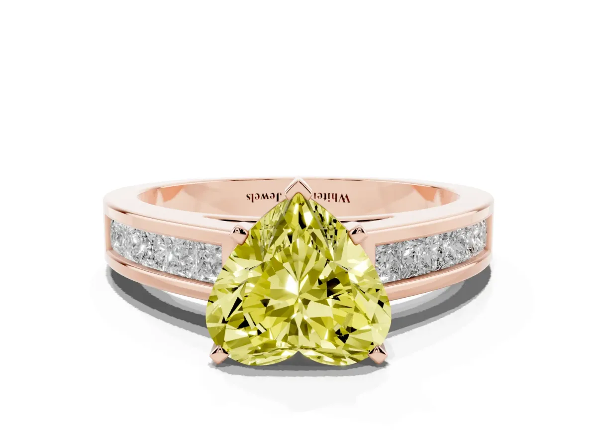 Fancy Yellow Heart Cut Solitaire Diamond Ring with Channel-Set Band and Four-Prong Setting Rose gold