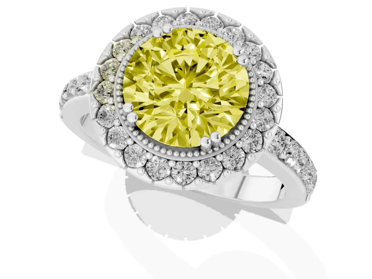 Fancy Yellow Round Cut Diamond Halo Ring with Pavé Band and Prong Setting Silver