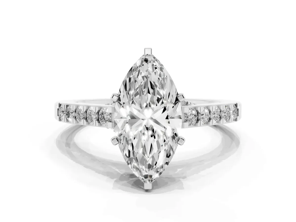 Marquise Cut Diamond Solitaire Ring with Crossover Gallery and Round Pavé Band Platinum