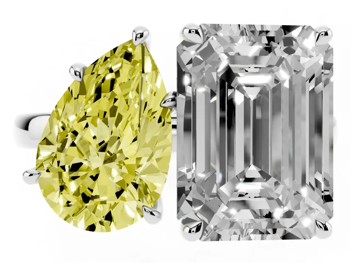 Fancy Yellow Pear Cut and Emerald Cut Toi Moi Ring with Prong Setting Silver
