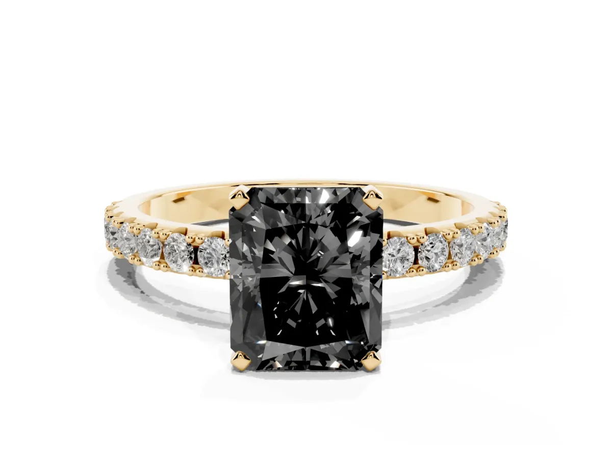 Fancy Black Radiant Cut Diamond Solitaire Pavé Band with Four-Prong Setting Yellow gold