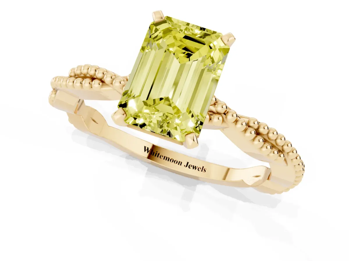 Fancy Yellow Emerald Cut Solitaire Twisted Band with Bead Prong Setting Yellow gold