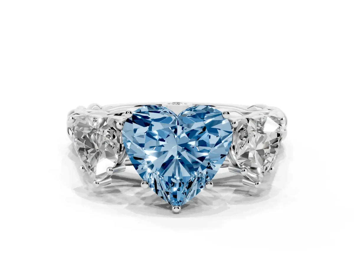 Fancy Blue Three-Stone Heart Cut Diamond Braided Band Ring with Four-Prong Setting Platinum