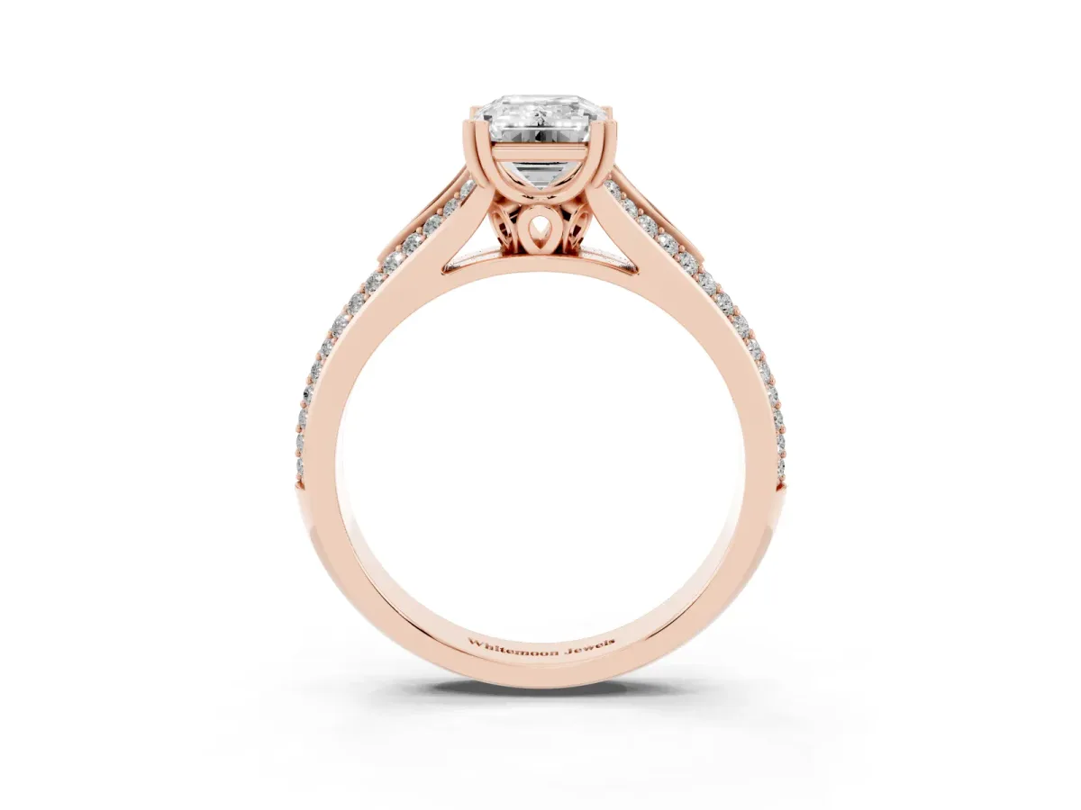 Emerald Cut Diamond Split Shank Engagement Ring with Pavé Band Rose gold