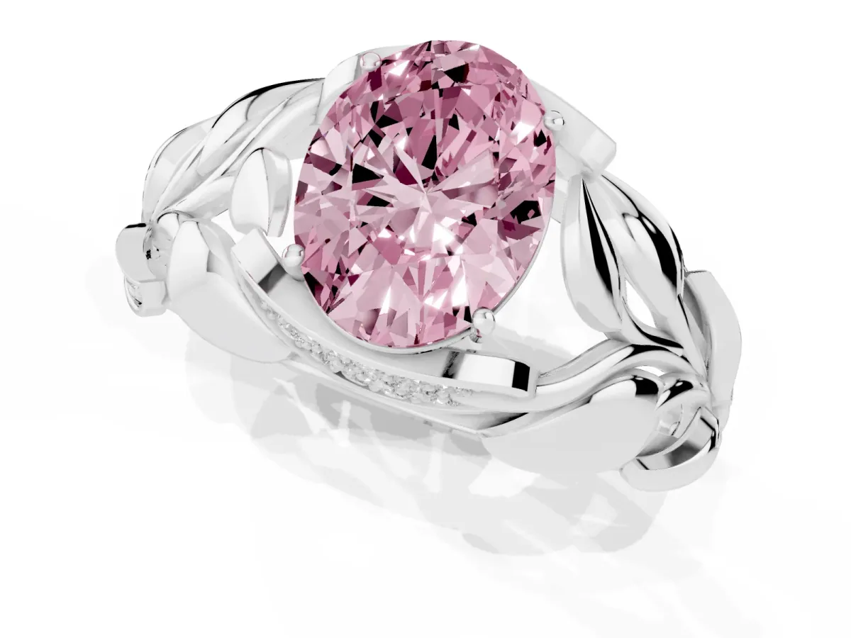 Fancy Pink Oval Cut Diamond Leaf-Inspired Engagement Ring with Round Accents and Prong Setting Silver