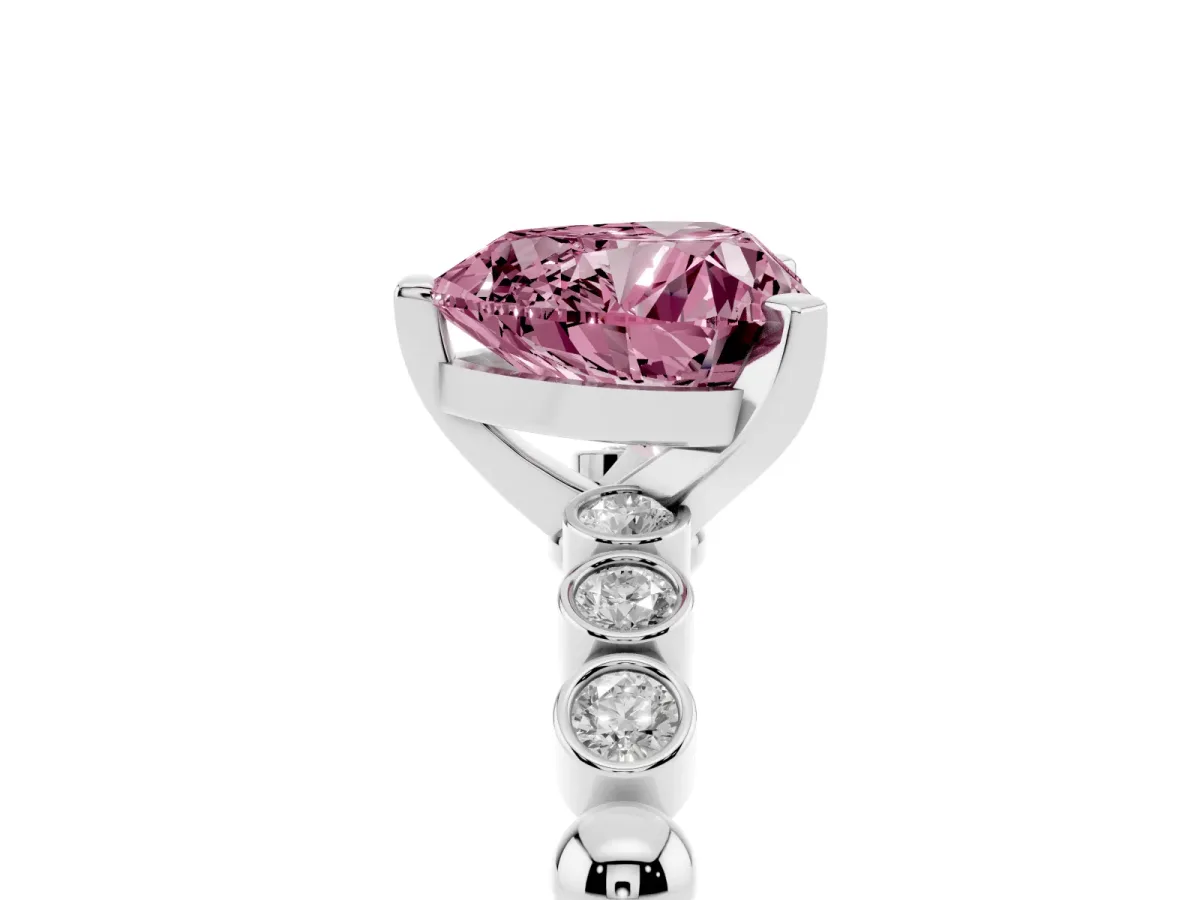 Fancy Pink Heart Cut Solitaire Bezel Accent Diamond Engagement Ring with Beaded Band and Four-Prong Setting Silver