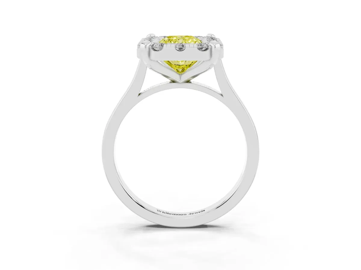 Fancy Yellow Radiant Cut Diamond Cluster Halo Solitaire with Four-Prong Setting Silver