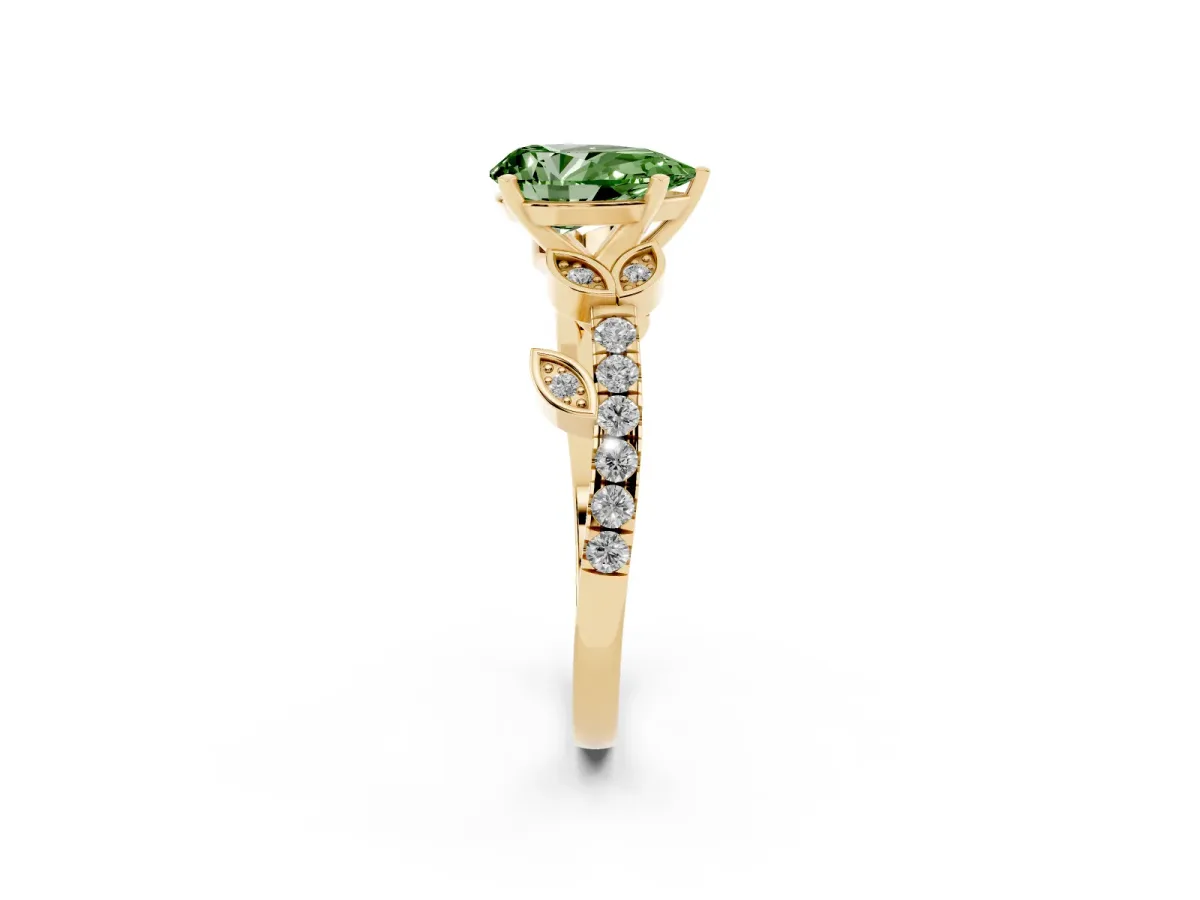 Fancy Green Pear Cut Solitaire Leaf-Inspired Diamond Ring with Pavé Band and Four-Prong Setting Yellow gold