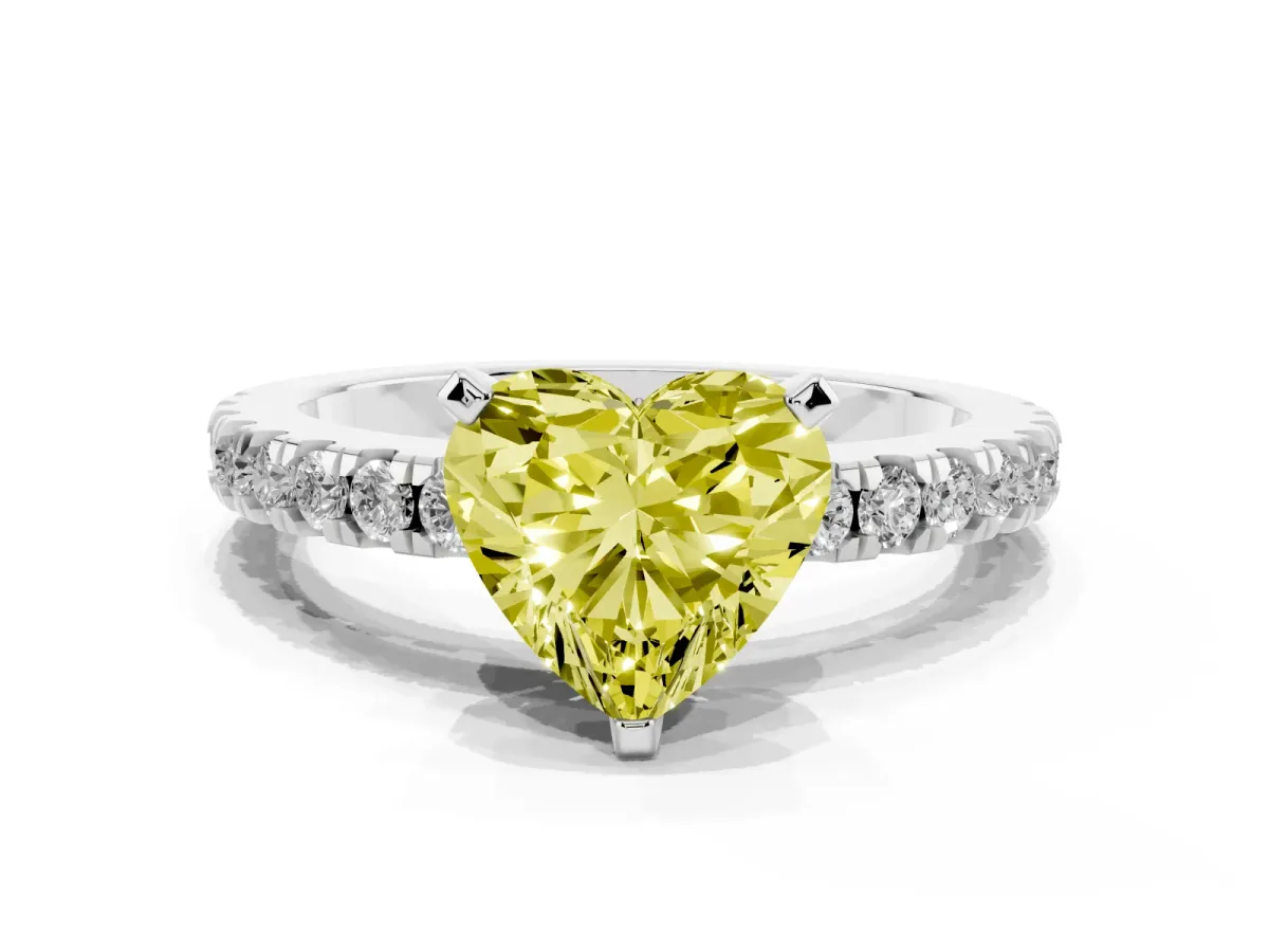 Fancy Yellow Heart Cut Solitaire Diamond with Pavé Band and Four-Prong Setting Silver