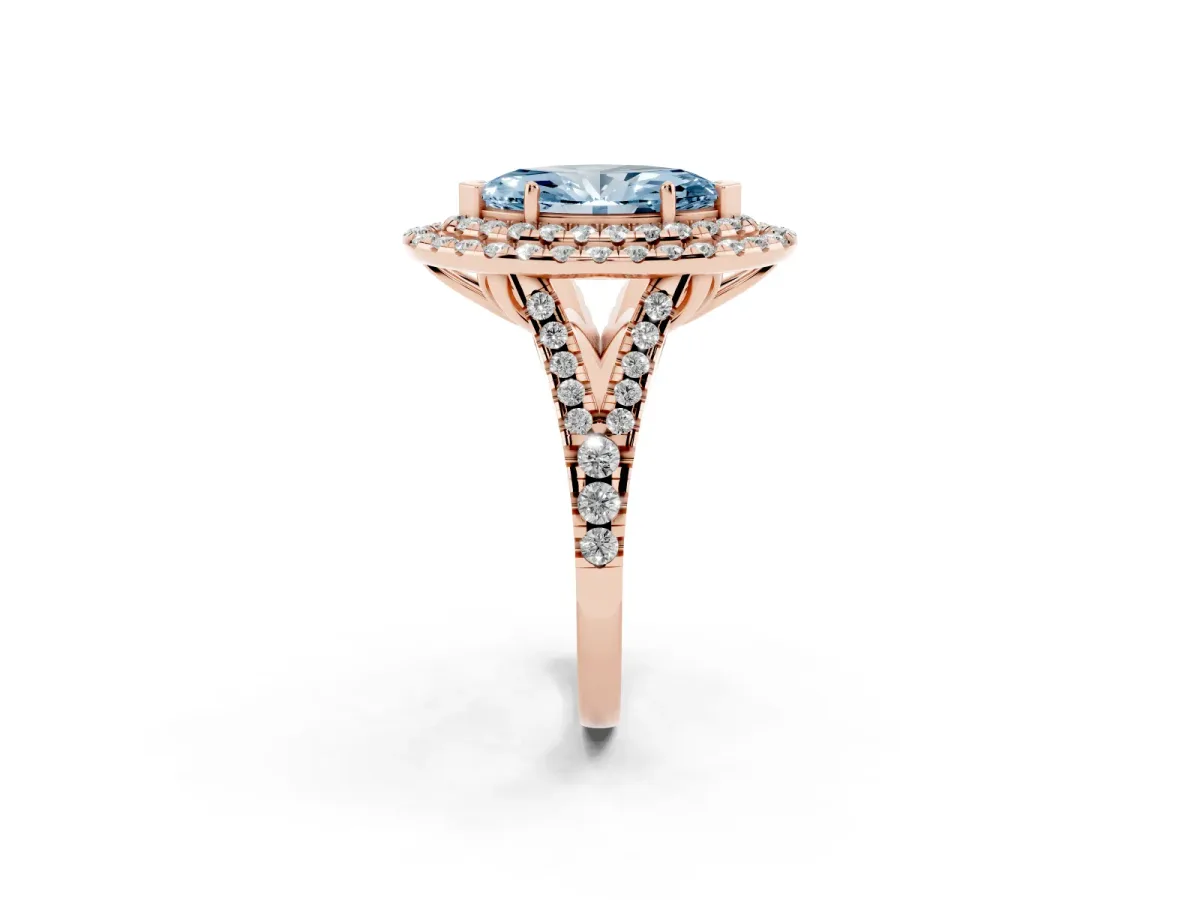 Fancy Blue Double Halo Marquise Cut Diamond Pavé Split Shank Ring with Prong Setting Rose gold