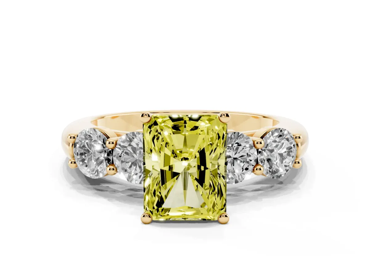 Fancy Yellow Radiant Cut Cut Five-Stone Prong Set Diamond Ring with Classic Band Yellow gold
