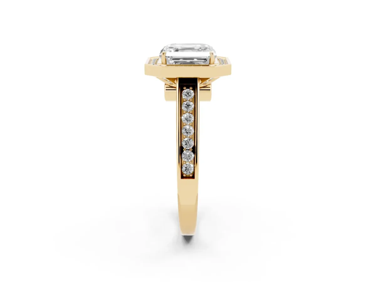 Asscher Cut Halo Solitaire Diamond Ring with Pave Band and Bezel Setting Yellow gold