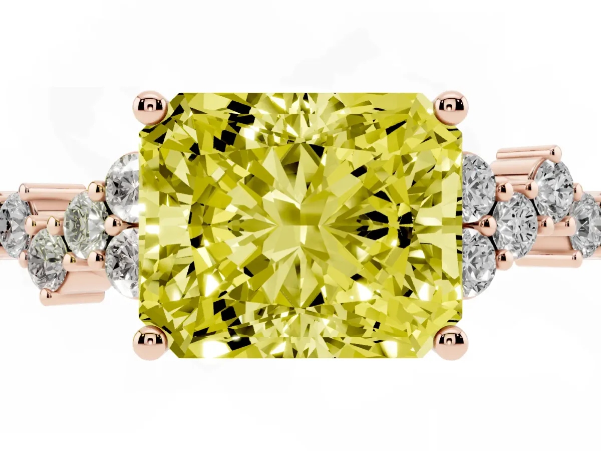 Fancy Yellow Radiant Cut Diamond Scattered Round Accent Ring with Prong Setting Rose gold