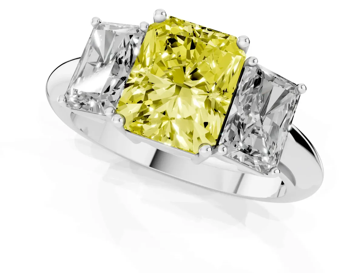 Fancy Yellow Three-Stone Radiant Cut Cut Diamond Engagement Ring with Prong Setting on a White Gold Band White gold