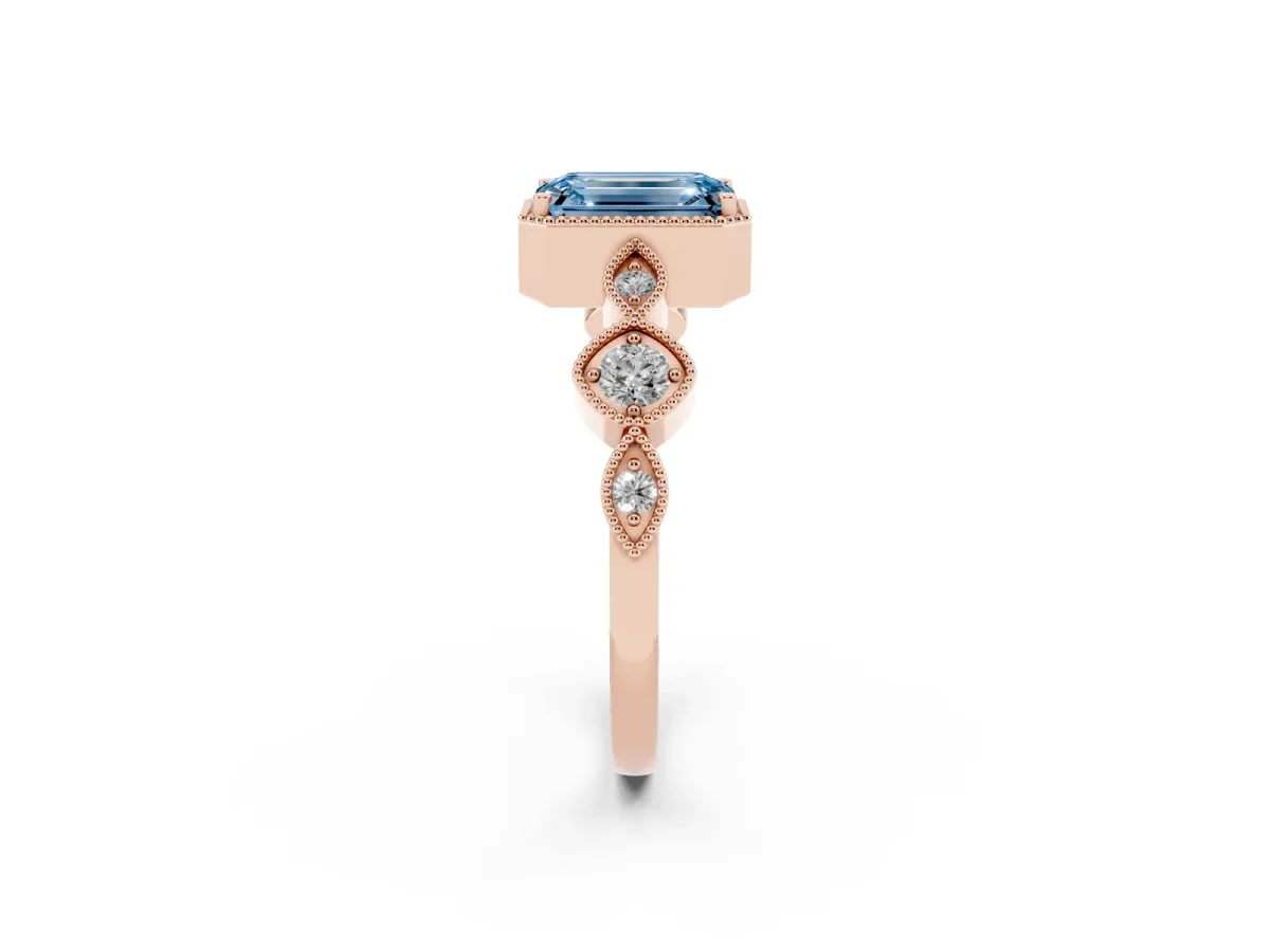 Fancy Blue Emerald Cut Diamond Vintage Milgrain Ring with Round Stations Rose gold