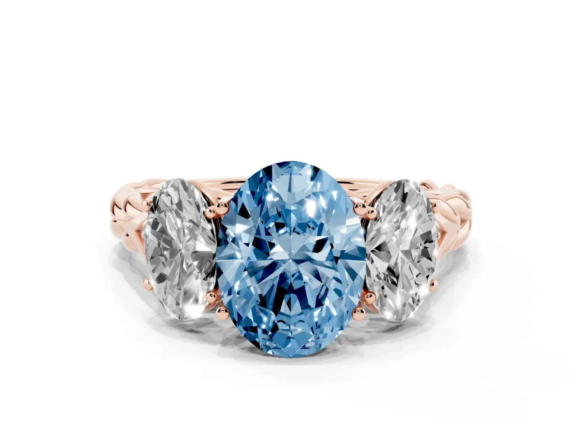 Fancy Blue Three-Stone Oval Cut Diamond Braided Band Ring with Four-Prong Setting Rose gold