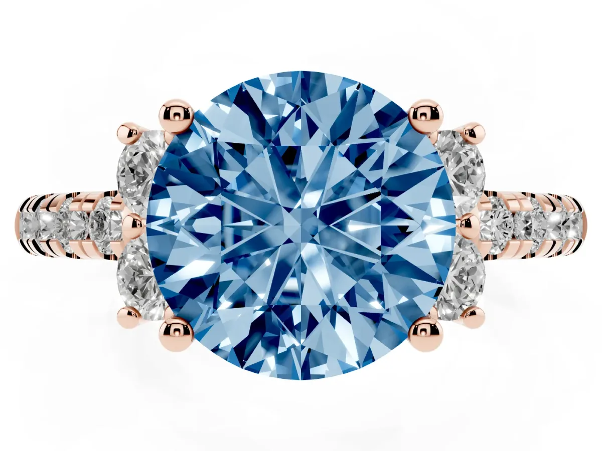 Fancy Blue Round Cut Diamond Three-Stone Pave Band with Four-Prong Setting Rose gold