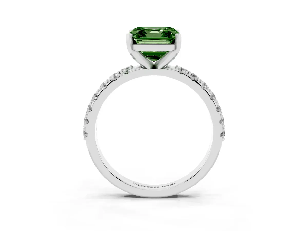 Fancy Green Asscher Cut Diamond Solitaire Pavé Band with Four-Prong Setting Silver