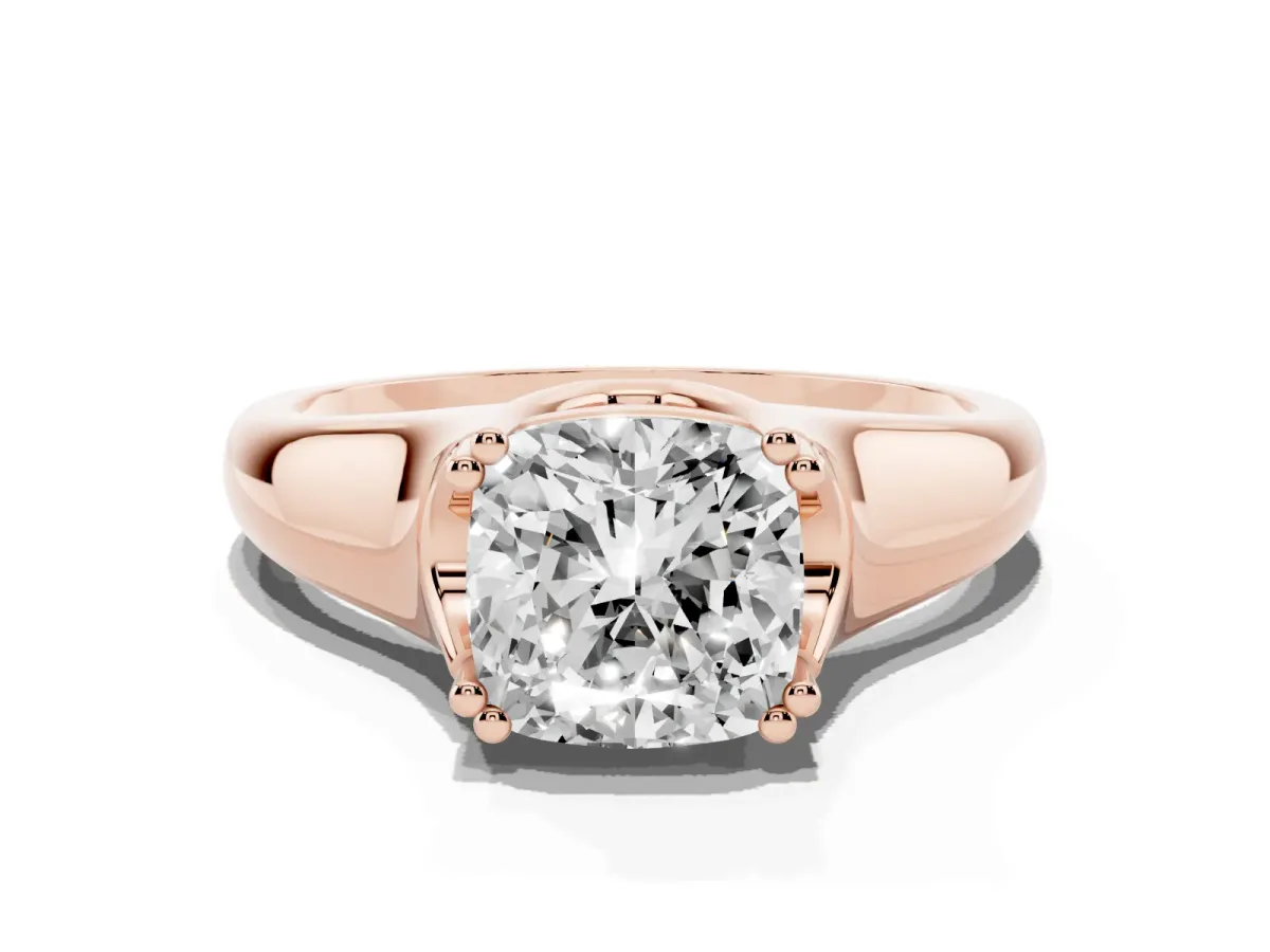 Cushion Cut Diamond Solitaire Ring with Wide Band and Prong Setting Rose gold
