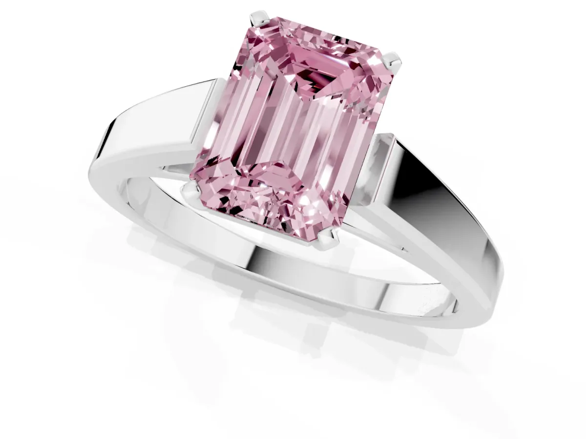Fancy Pink Emerald Cut Solitaire Engagement Ring with Four-Prong Setting and Tapered Band Silver