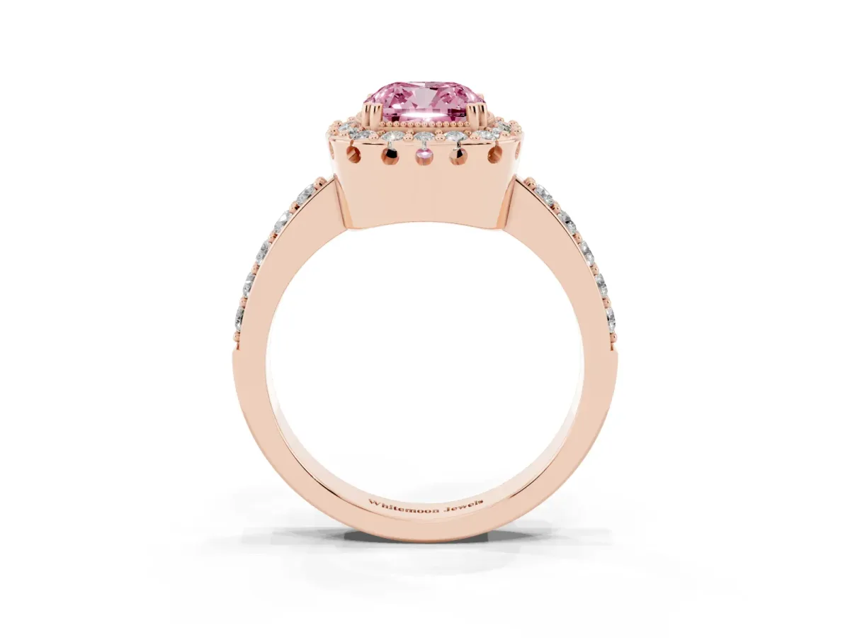 Fancy Pink Cushion Cut Diamond Halo Ring with Pavé Band and Prong Setting Rose gold