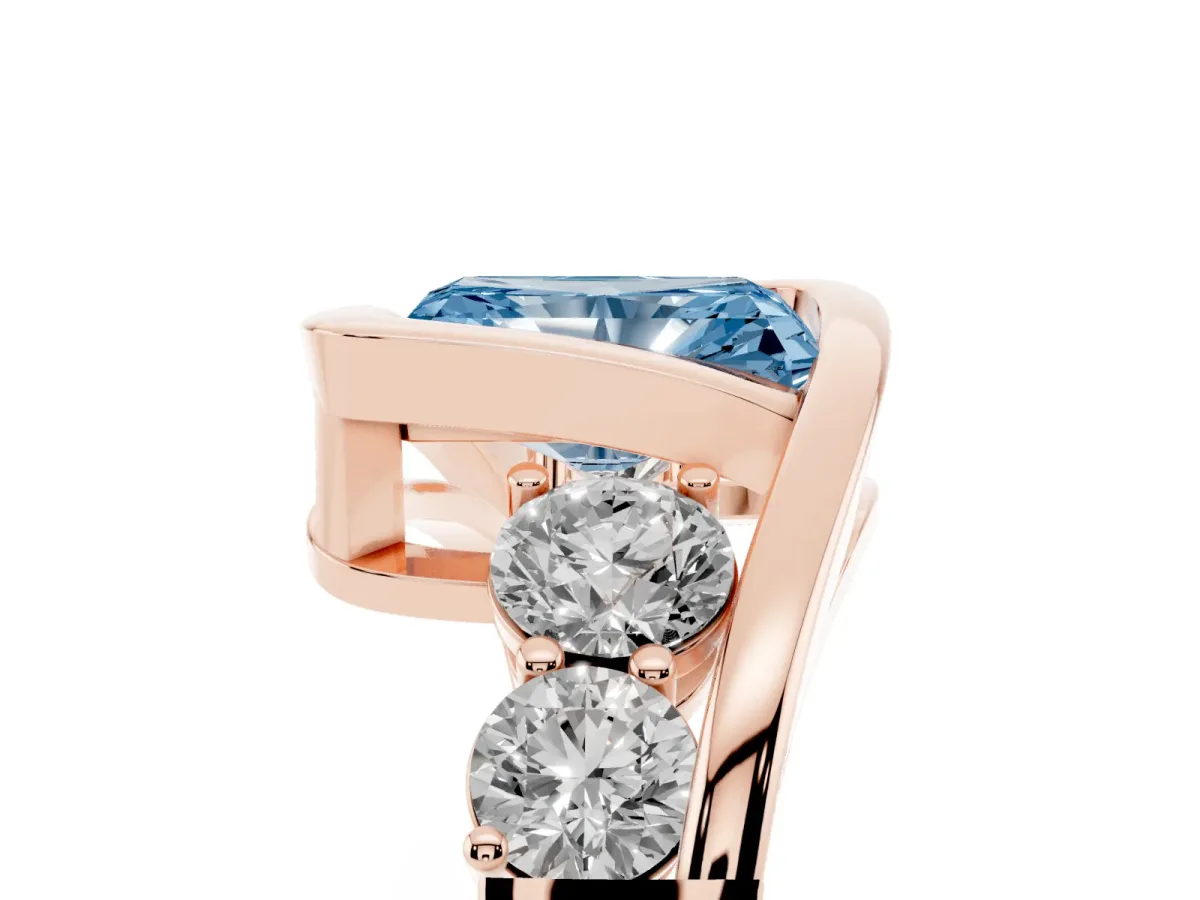 Fancy Blue Bezel Set Radiant Cut Diamond Bypass Ring with Round Accents Rose gold