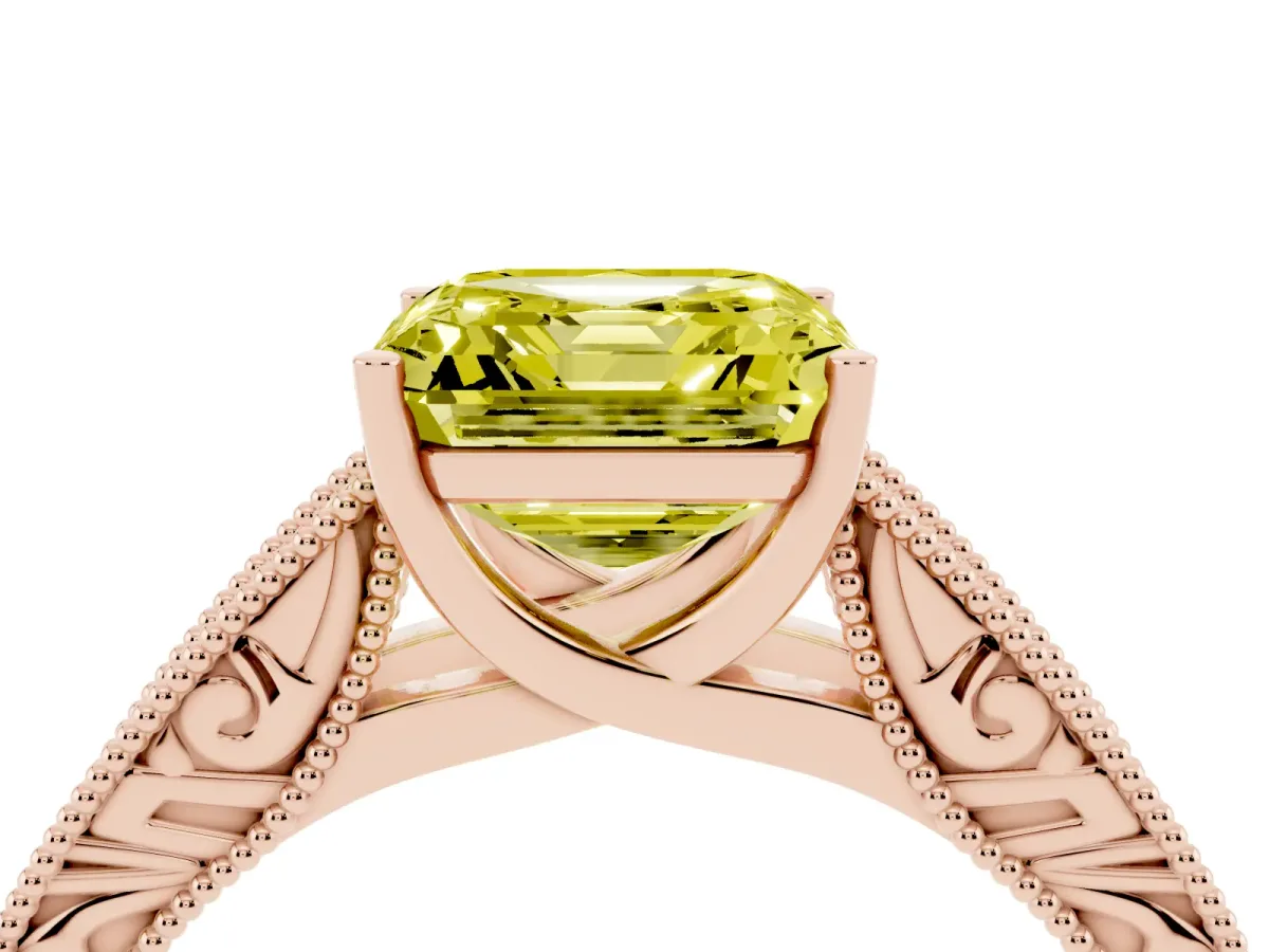 Fancy Yellow Asscher Cut Diamond Solitaire Ring with Engraved Band and Four-Prong Setting Rose gold