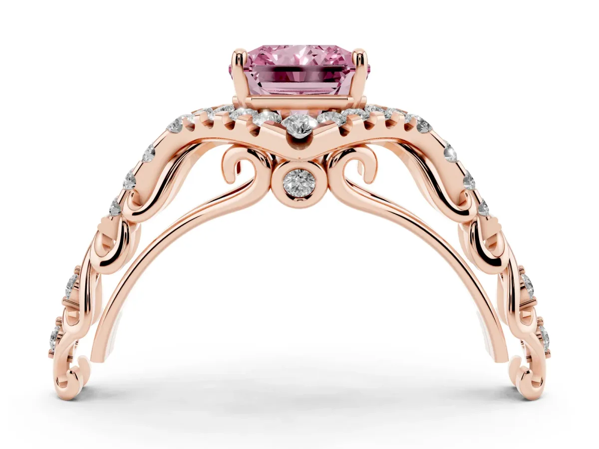 Fancy Pink Radiant Cut Diamond Solitaire Ring with Hidden Halo and Pavé Band Rose gold