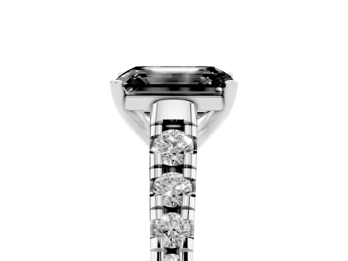 Fancy Black Emerald Cut Diamond Cathedral Solitaire Ring with Round Pavé Band Silver