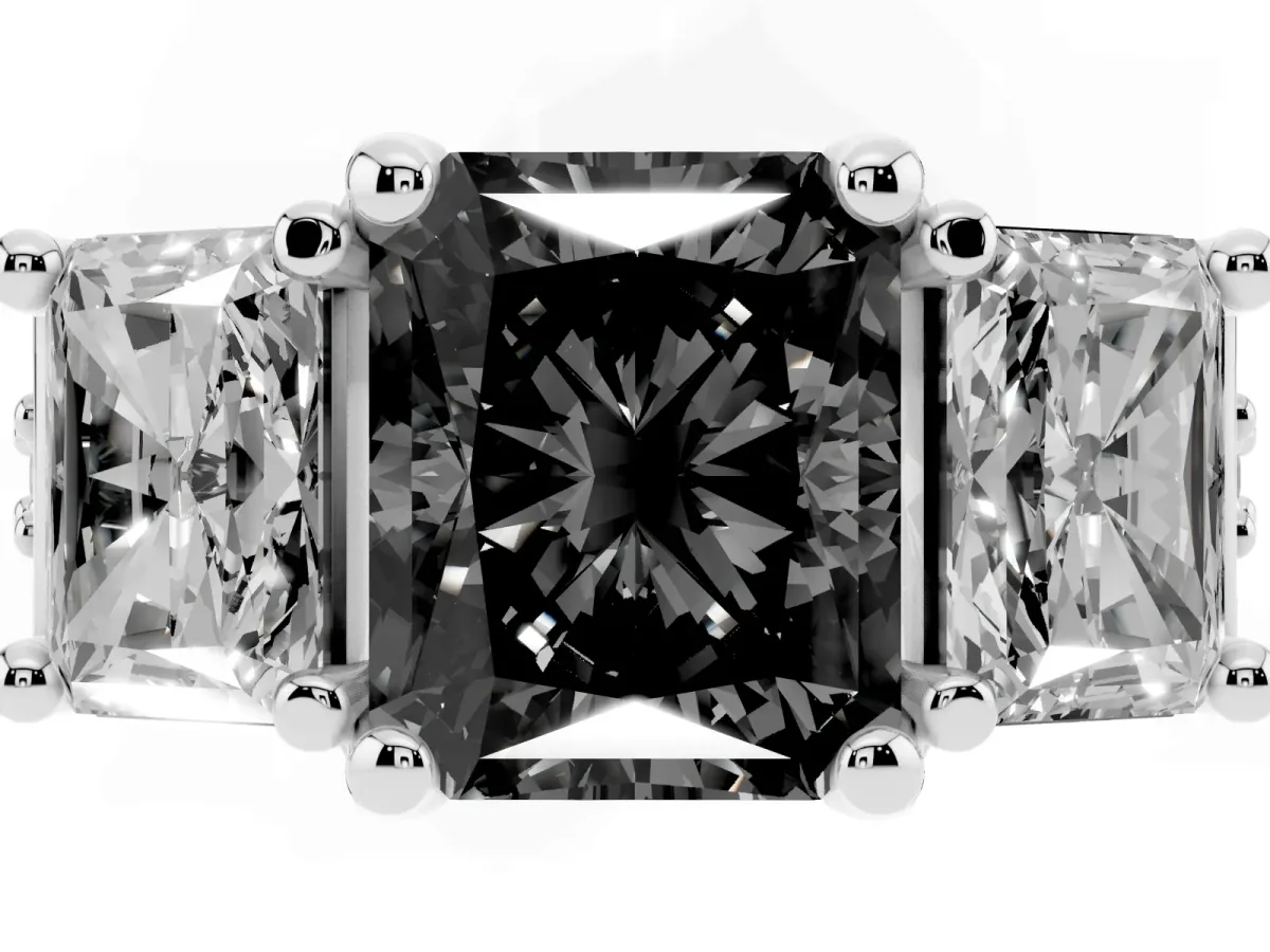 Fancy Black Radiant Cut Diamond Three-Stone Ring with Channel Set Band and Four-Prong Setting Platinum