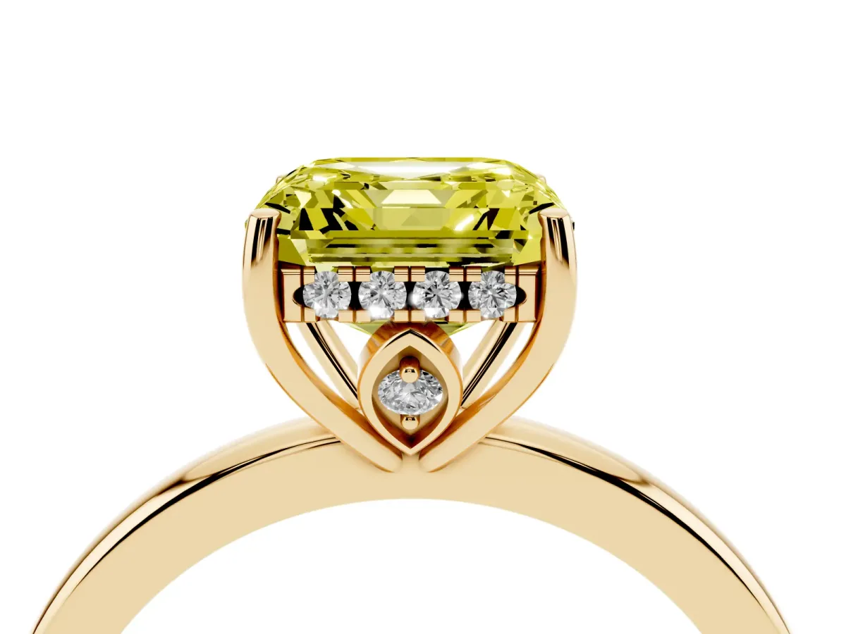 Fancy Yellow Asscher Cut Solitaire Diamond Ring with Prong Setting and Plain Band Yellow gold