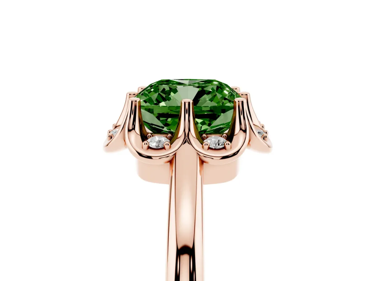 Fancy Green Cushion Cut Halo Diamond Ring with Round Cluster Setting, Solitaire Band, and Four-Prong Setting Rose gold