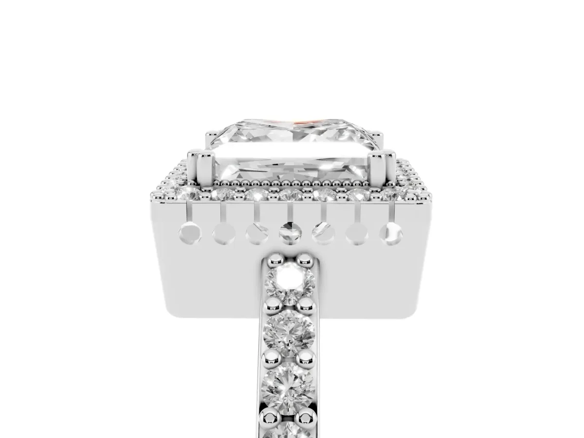 Princess Cut Cut Diamond Halo Engagement Ring with Milgrain Detail and Pavé Band Platinum