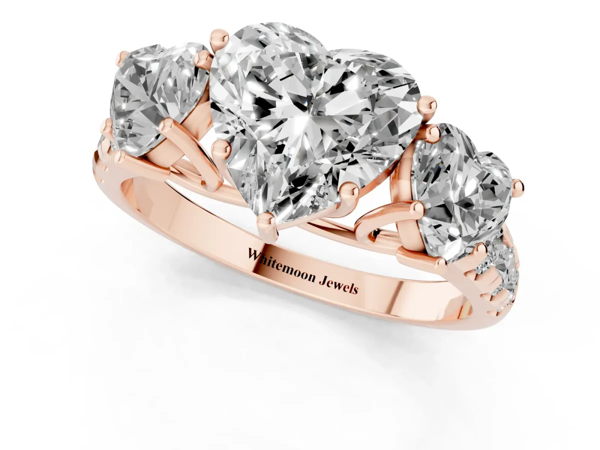 Three-Stone Heart Cut Diamond Pavé Band with Prong Setting Rose gold