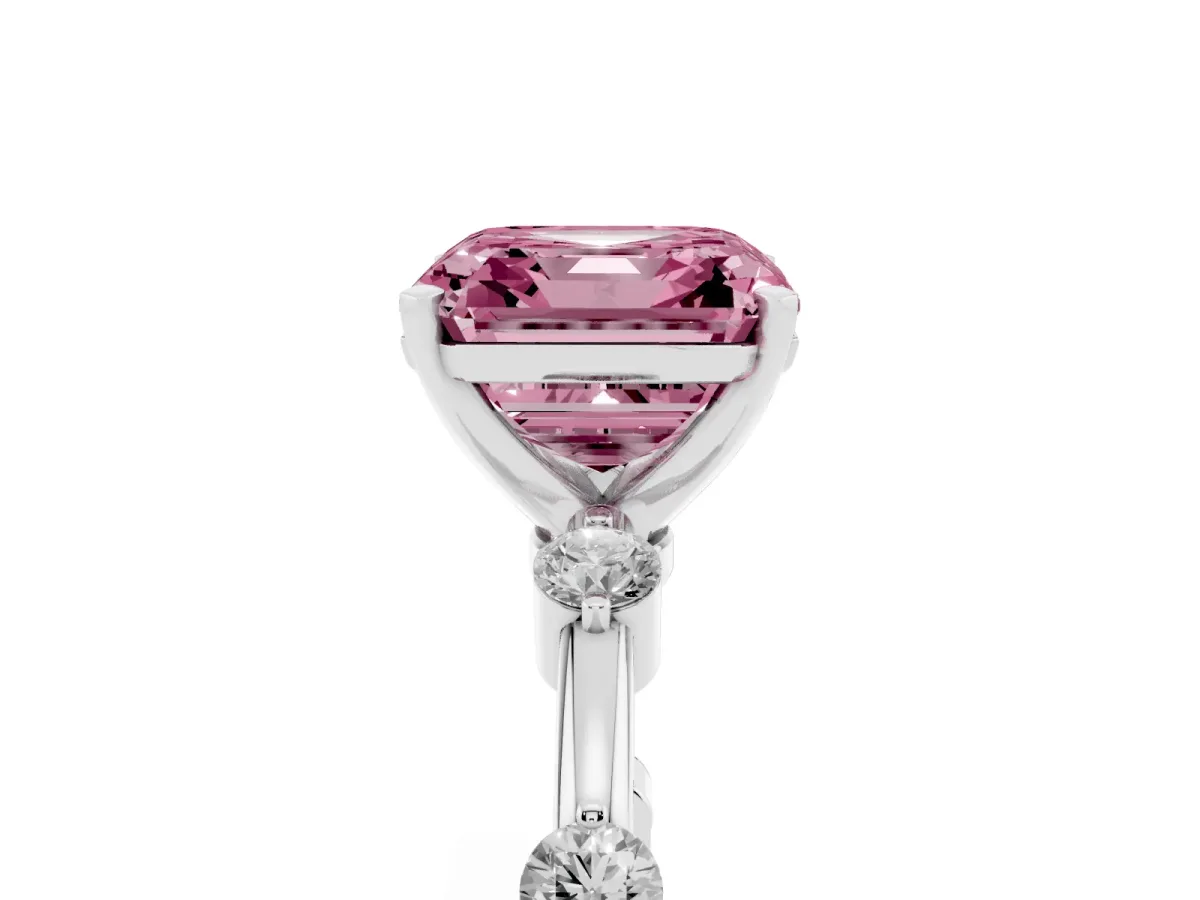 Fancy Pink Asscher Cut Solitaire Diamond Ring with Bezel Set Side Stones and Prong Setting Silver