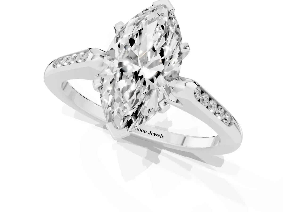 Marquise Cut Diamond Solitaire Ring with Channel Set Round Band and Prong Setting Silver