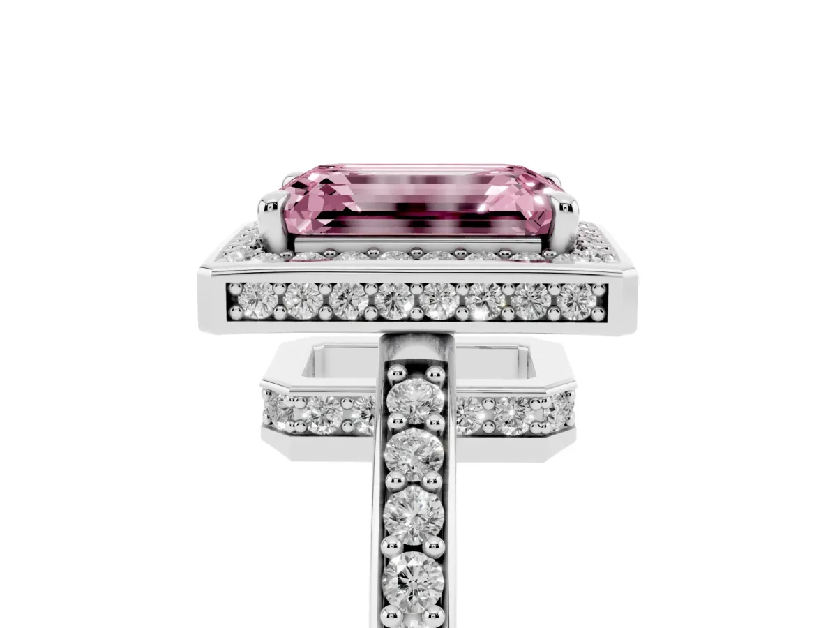 Fancy Pink Emerald Cut Halo Pave Band Solitaire Ring with Prong Setting Silver