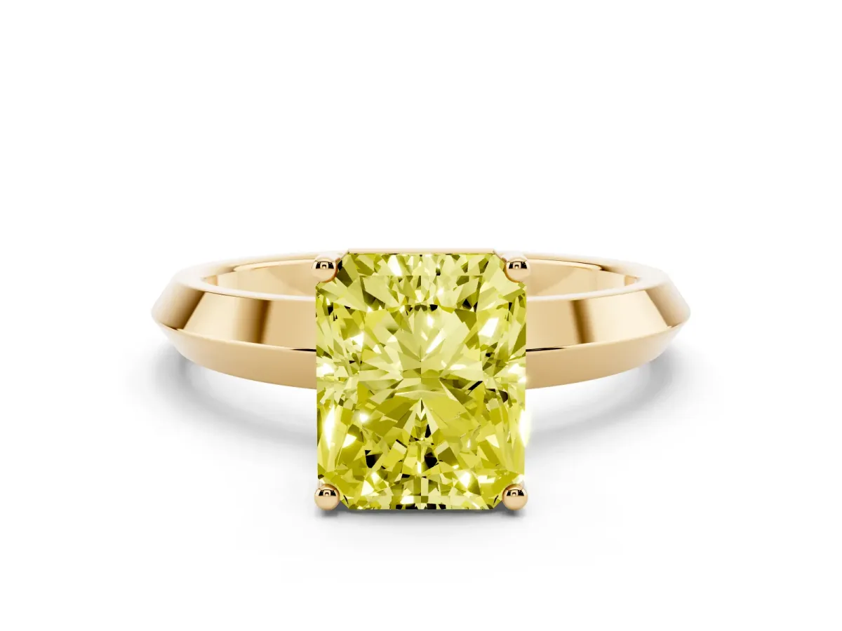 Fancy Yellow Radiant Cut Cut Solitaire Engagement Ring with Flat Band and Four-Prong Setting Yellow gold
