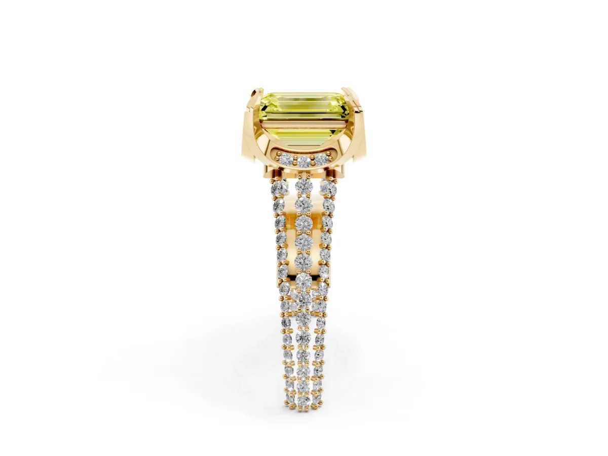 Fancy Yellow Emerald Cut Solitaire Pave Split Shank Ring with Four-Prong Setting Yellow gold