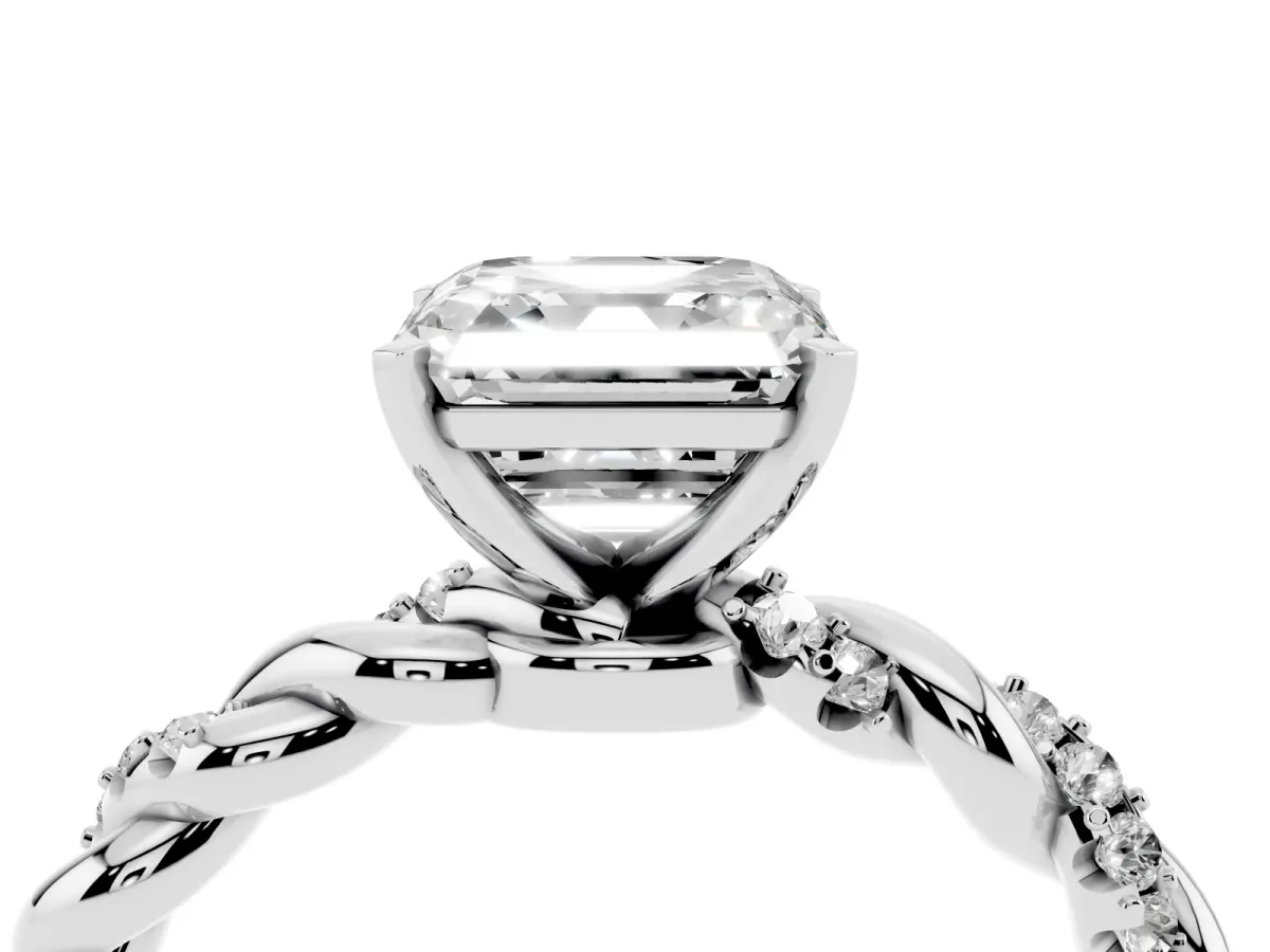 Asscher Cut Diamond Solitaire Ring with Twisted Band and Pavé Accents Silver