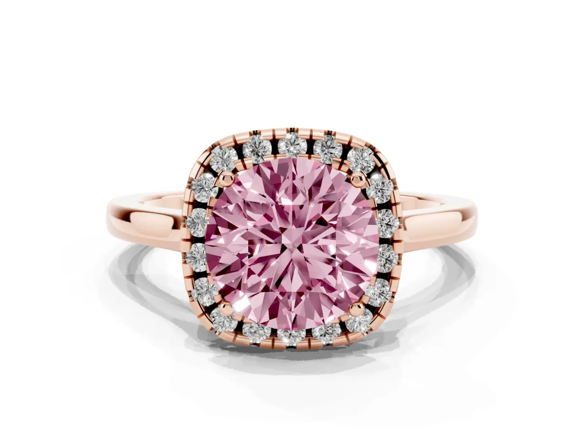 Fancy Pink Round Cut Halo Round Diamond Solitaire Ring with Pavé Band and Four-Prong Setting Rose gold