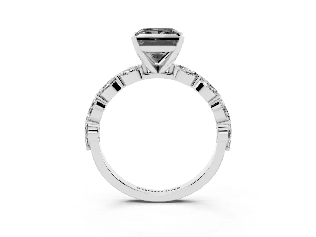 Fancy Black Princess Cut Diamond Ring with Marquise Side Stones and Prong Setting Platinum