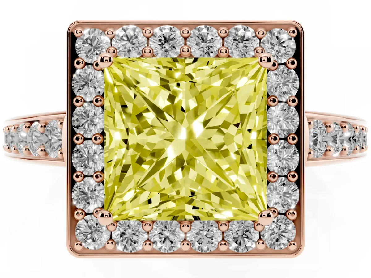 Fancy Yellow Princess Cut Halo Pavé Diamond Engagement Ring with Bezel Setting Rose gold