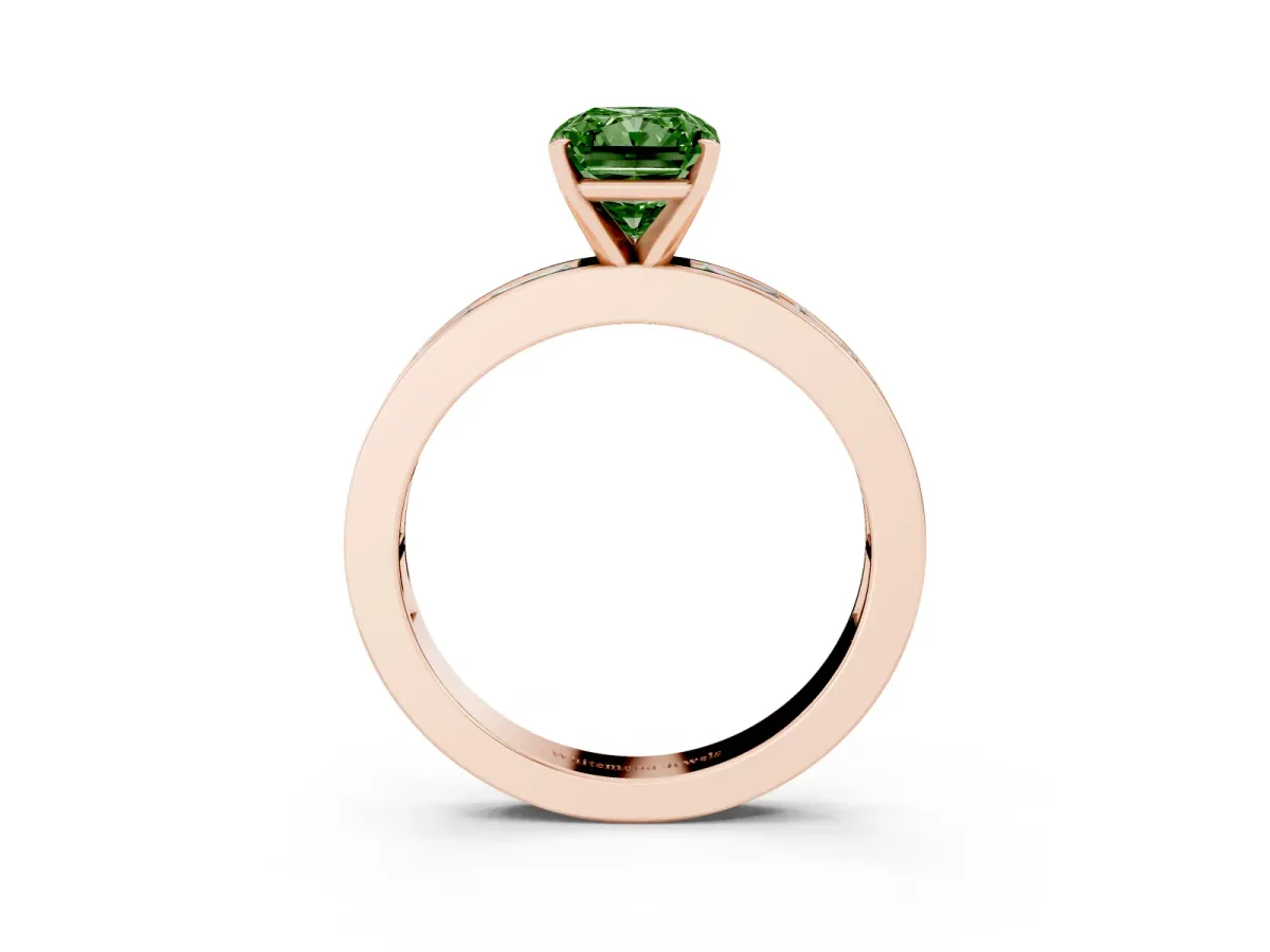 Fancy Green Radiant Cut Solitaire Diamond Ring with Channel-Set Baguette Band and Four-Prong Setting Rose gold