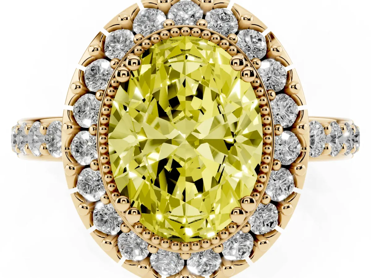 Fancy Yellow Oval Cut Diamond Halo Ring with Pavé Band and Prong Setting Yellow gold
