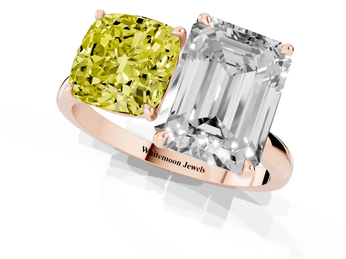 Fancy Yellow Cushion Cut and Emerald Cut Toi Moi Ring with Prong Setting Rose gold