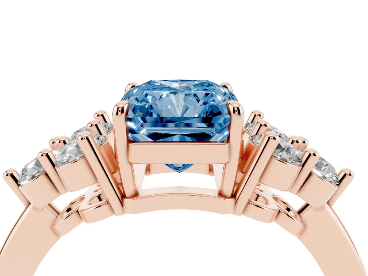 Fancy Blue Radiant Cut Brilliant Diamond Cluster Accent Solitaire Ring with Prong Setting Rose gold