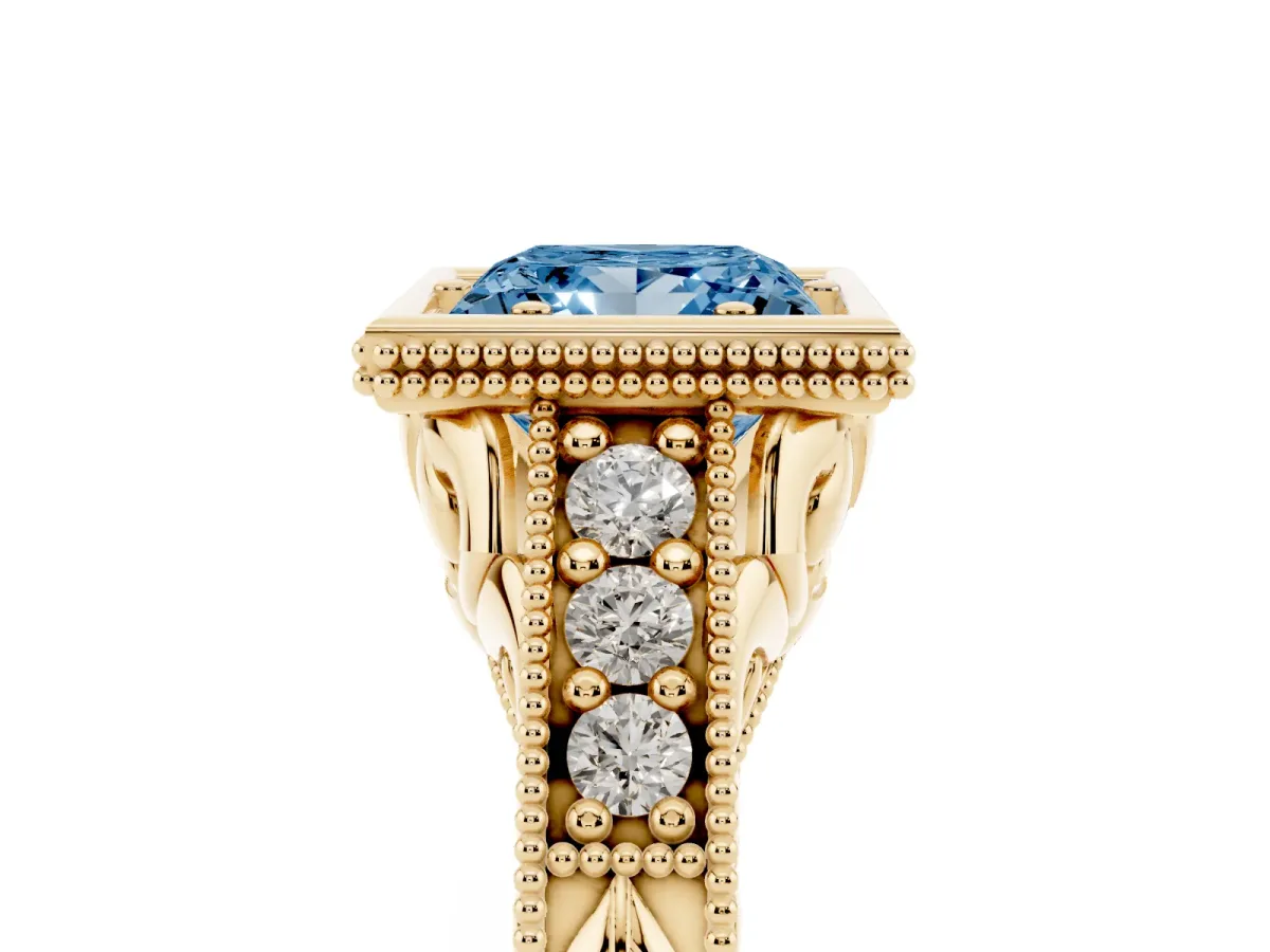 Fancy Blue Bezel Set Princess Cut Diamond Milgrain Pave Engagement Ring Yellow gold