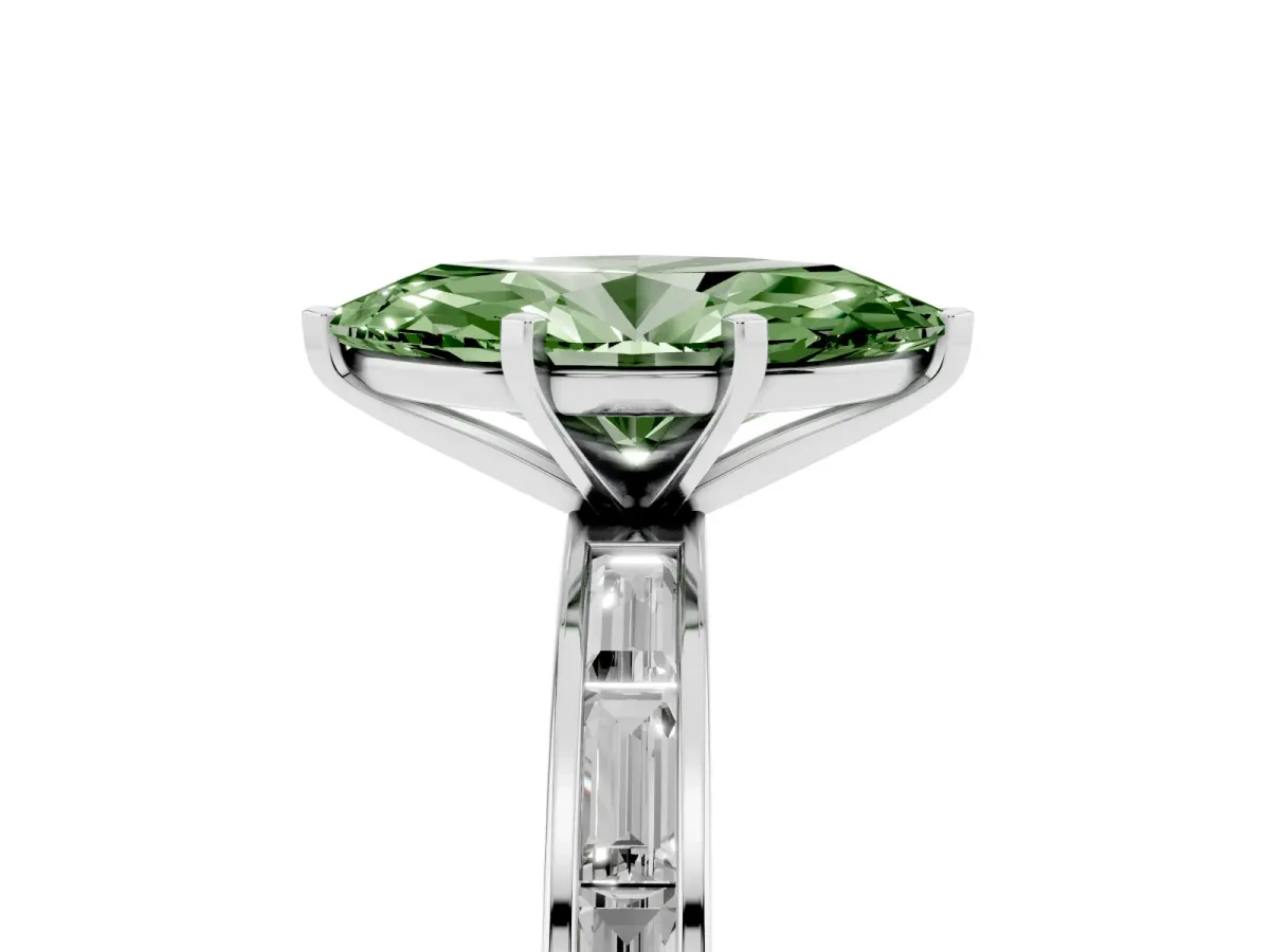 Fancy Green Marquise Cut Solitaire Diamond Ring with Channel-Set Baguette Band and Four-Prong Setting White gold